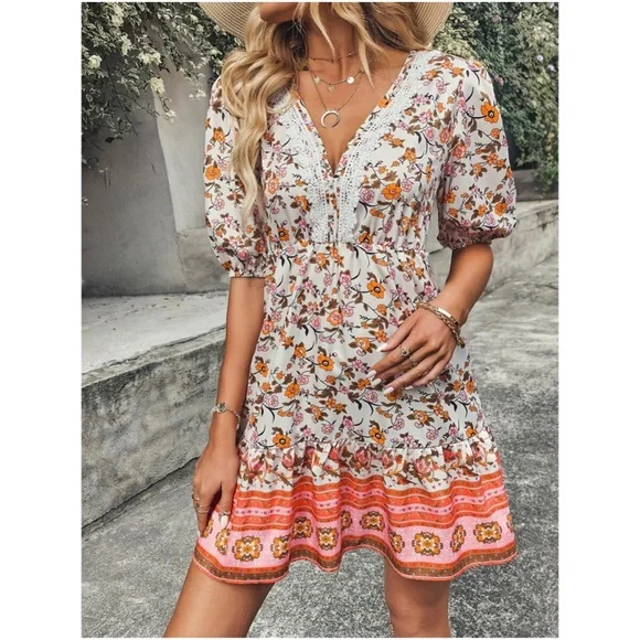 Bohemian Orange Floral Print Lace Puff Sleeve Mini Dress - Picture 4 of 5